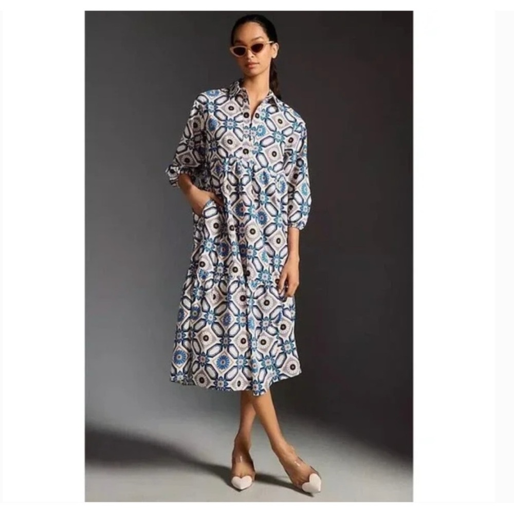 NWOT Maeve Black and White Puff Sleeve Midi Dress